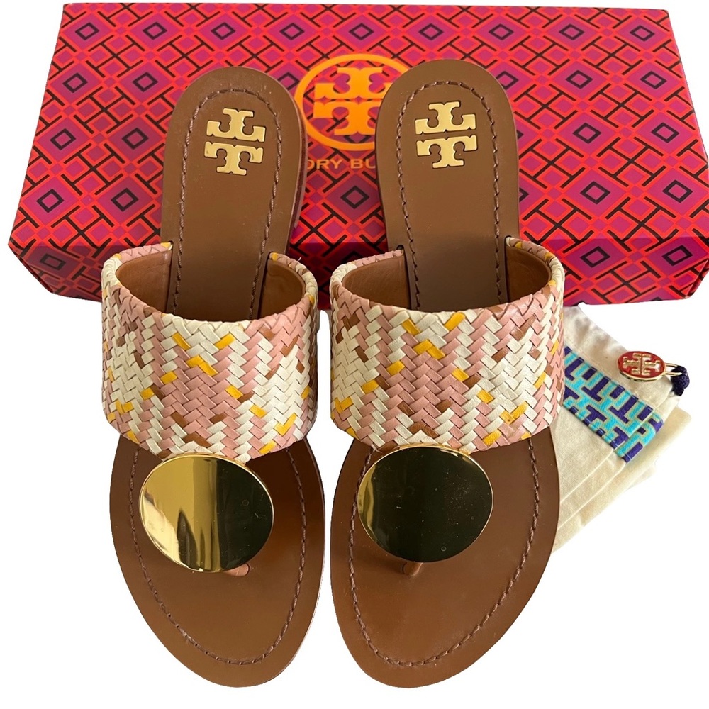 SOLD Tory Burch Nappa Leather Patos Disk Sandals Neutral Woven Tan Size 7.5